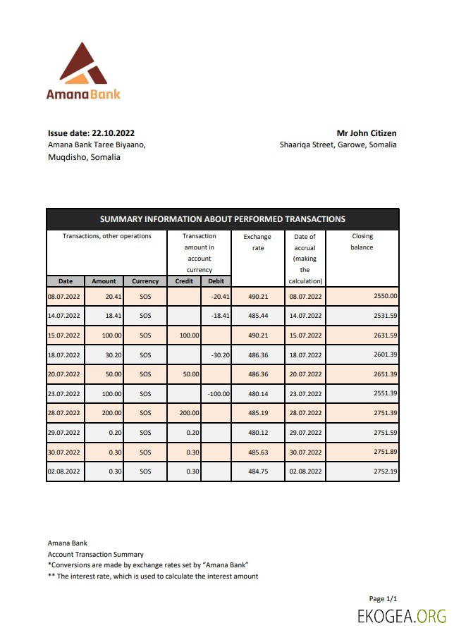Relevé bancaire Somalie Amana xls